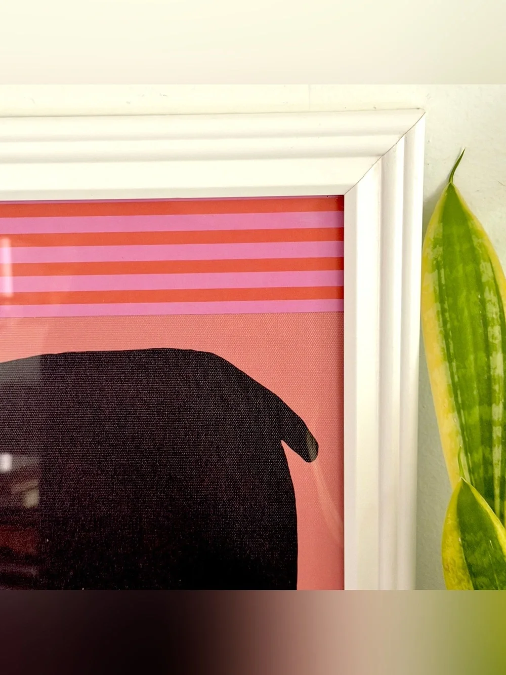 Fat Black & White Cat Pink Red Stripe Quirky White Framed Wall Hanging Art Kitty